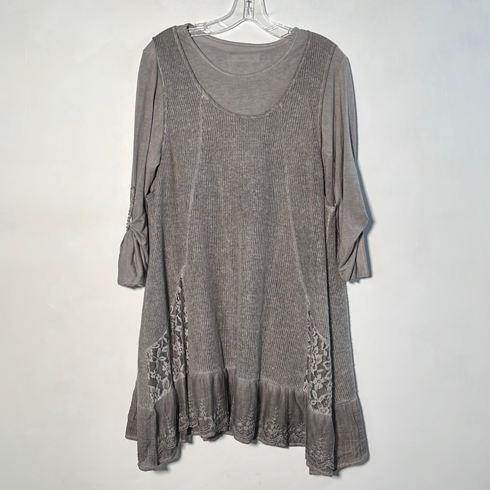SIMPLY COUTURE Artsy Boho Granola Party Grey Mixed Media Overlay Tab SLV Tunic M